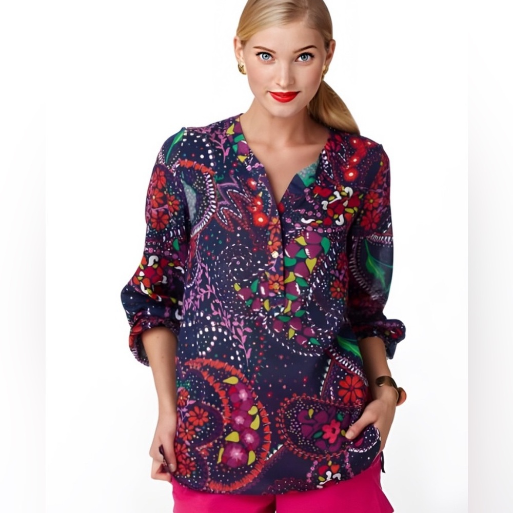 Lilly‎ Pulitzer Navy Blue Paisley Floral Cotton Split Neck Button Blouse Small